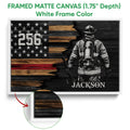 White framed firefighter canvas wall art featuring a firefighter and distressed red line flag