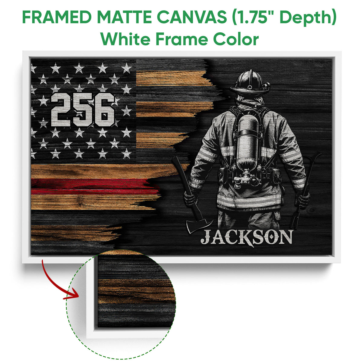 White framed firefighter canvas wall art featuring a firefighter and distressed red line flag