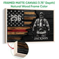 Natural wood framed firefighter wall art with a firefighter, axe, stars, and flag artwork