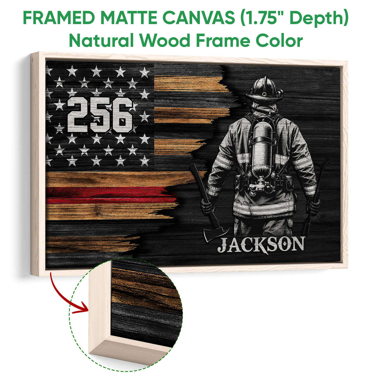 Natural wood framed firefighter wall art with a firefighter, axe, stars, and flag artwork