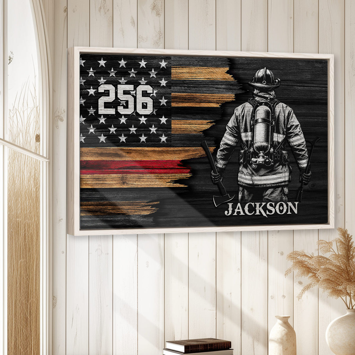 Framed firefighter wall art displayed on a light wood-paneled wall in a home setting