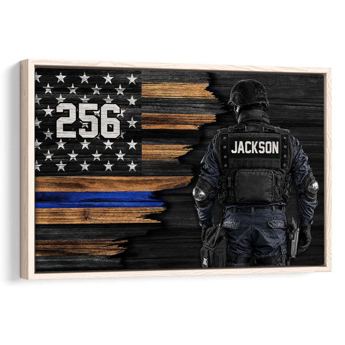 Framed police wall art with a tactical officer, blue line flag design, and distressed black and wood tones