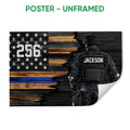 Unframed police poster featuring a tactical officer beside a distressed American flag with a blue stripe
