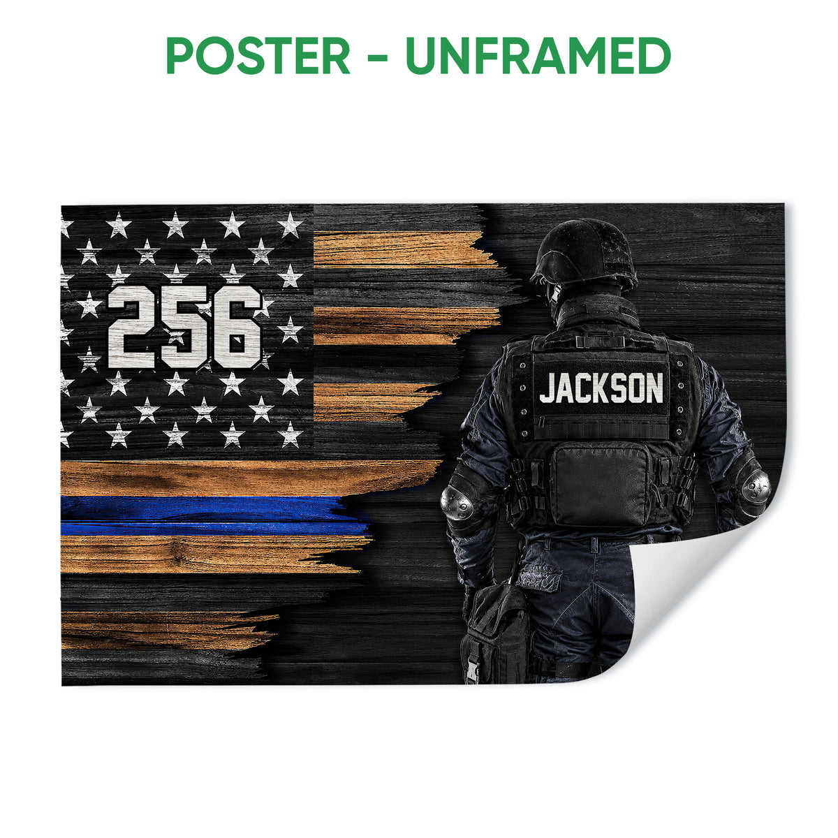Unframed police poster featuring a tactical officer beside a distressed American flag with a blue stripe
