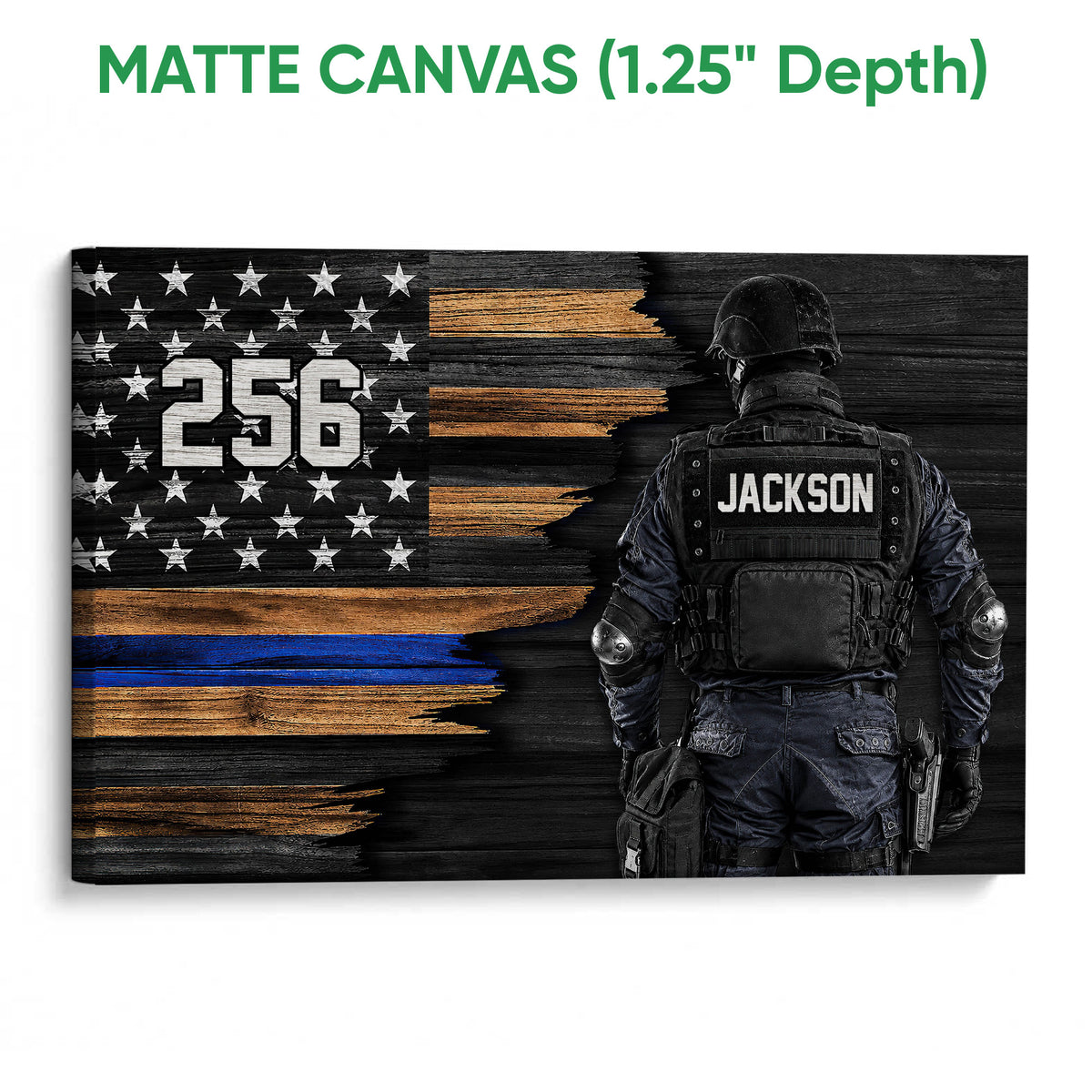 Matte canvas police wall art with a tactical officer and blue line flag on a dark wood-inspired background