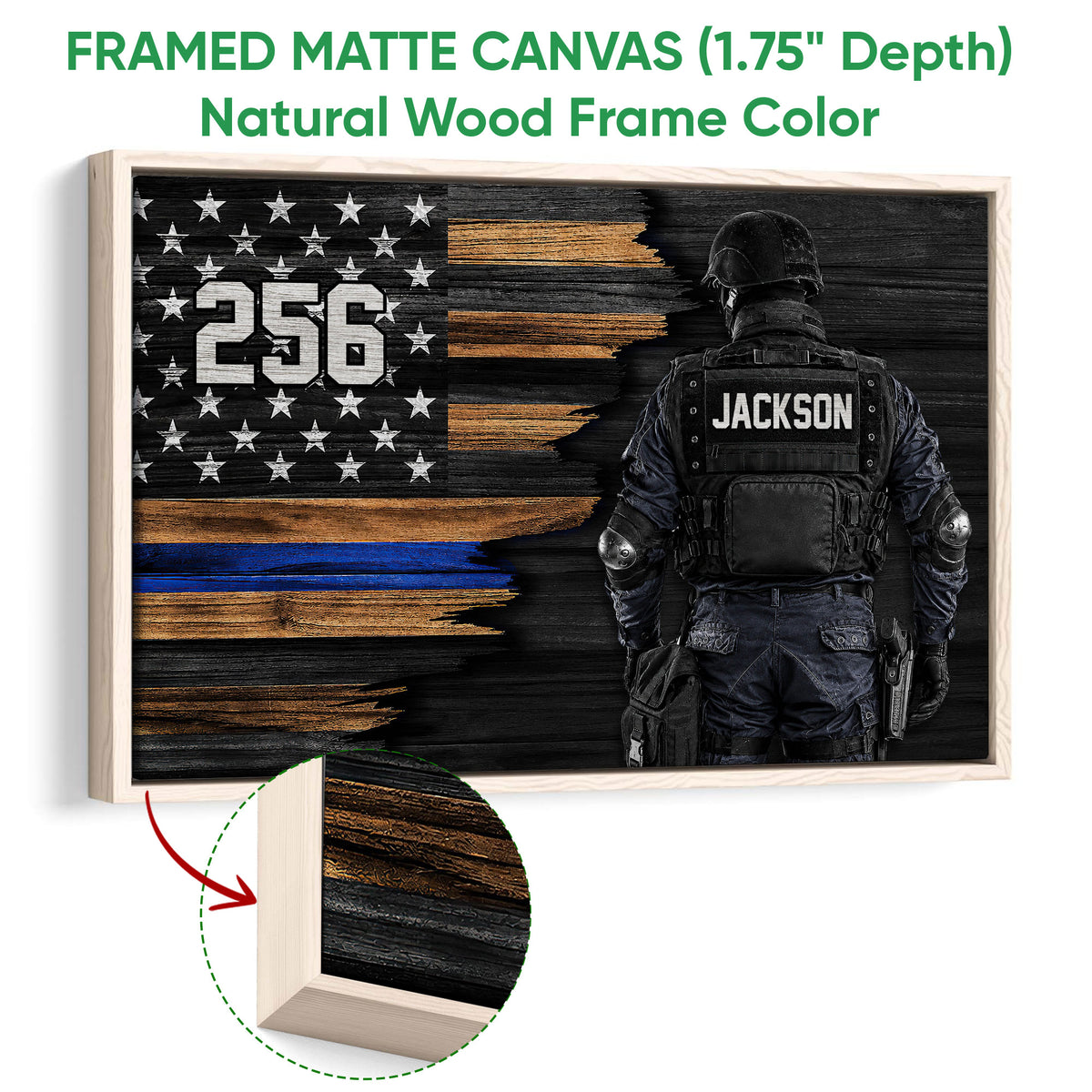 Natural wood framed police wall art with a tactical officer and distressed patriotic blue line flag
