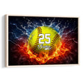 Framed softball wall art featuring a dramatic ball surrounded by water splashes, lightning, and flames