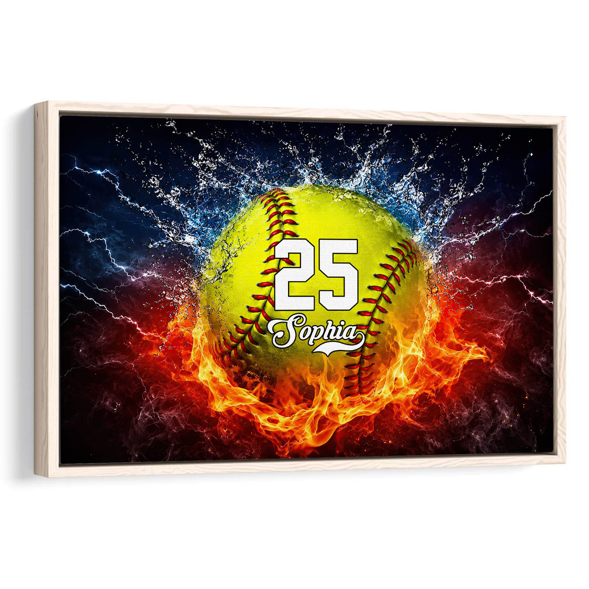 Framed softball wall art featuring a dramatic ball surrounded by water splashes, lightning, and flames