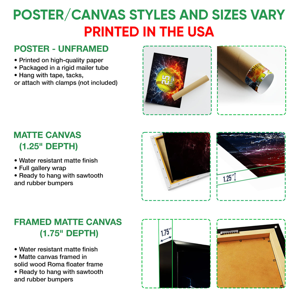 Poster and canvas wall art option guide showing softball artwork in unframed and framed formats