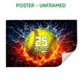 Unframed softball poster print with a dramatic ball, blue water, lightning, and fiery red-orange background