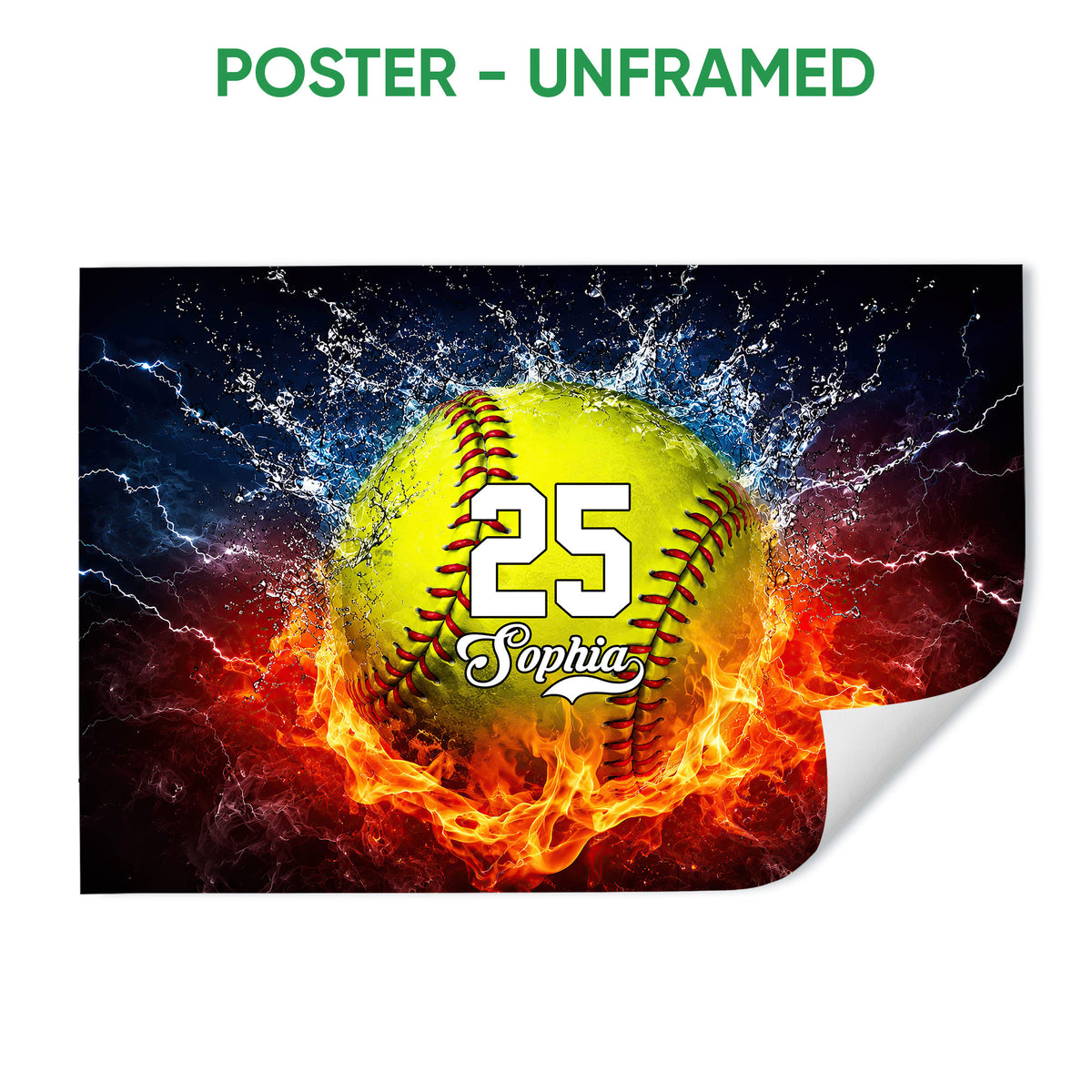 Unframed softball poster print with a dramatic ball, blue water, lightning, and fiery red-orange background