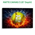 Matte canvas softball wall art featuring a vivid ball surrounded by water, lightning, and flames