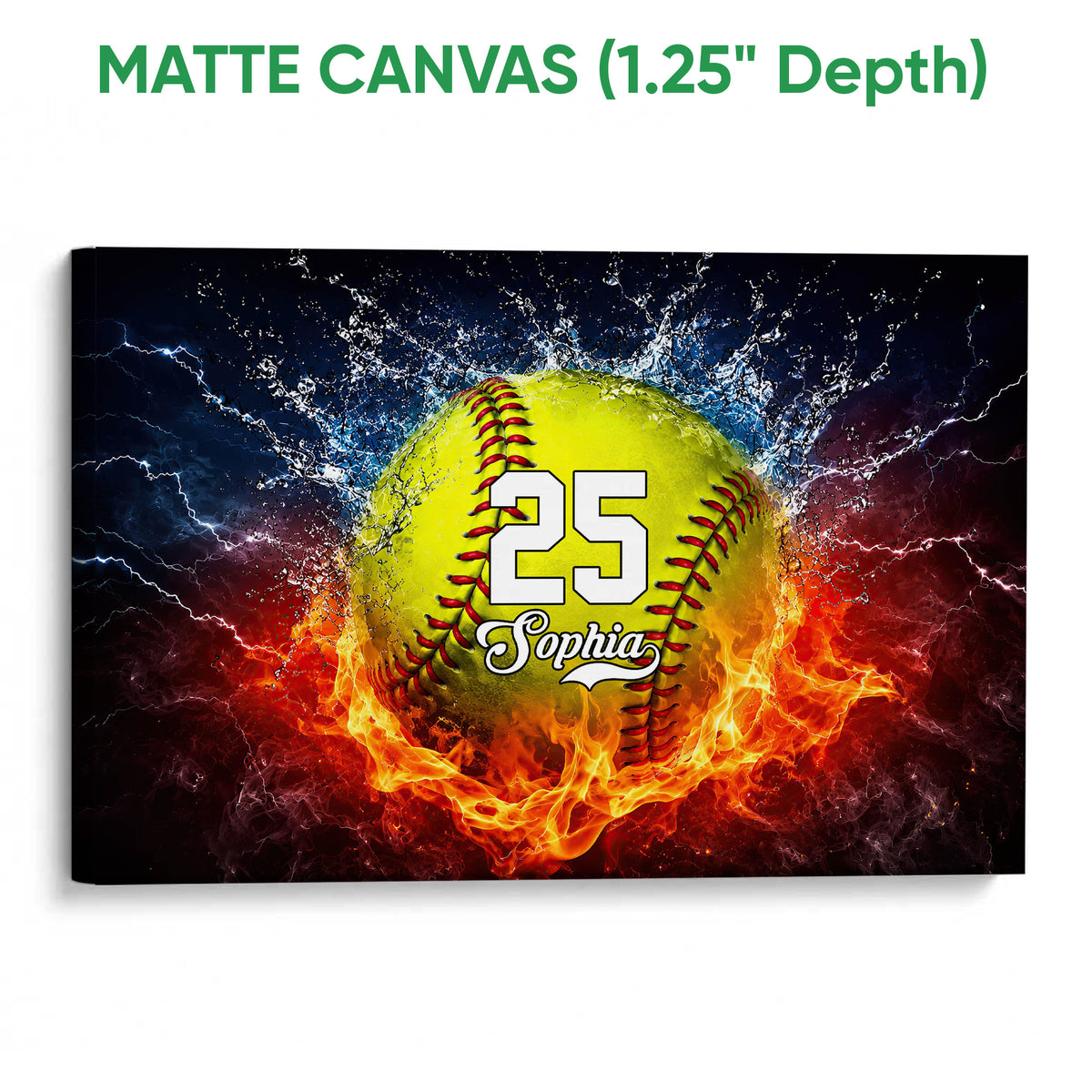 Matte canvas softball wall art featuring a vivid ball surrounded by water, lightning, and flames