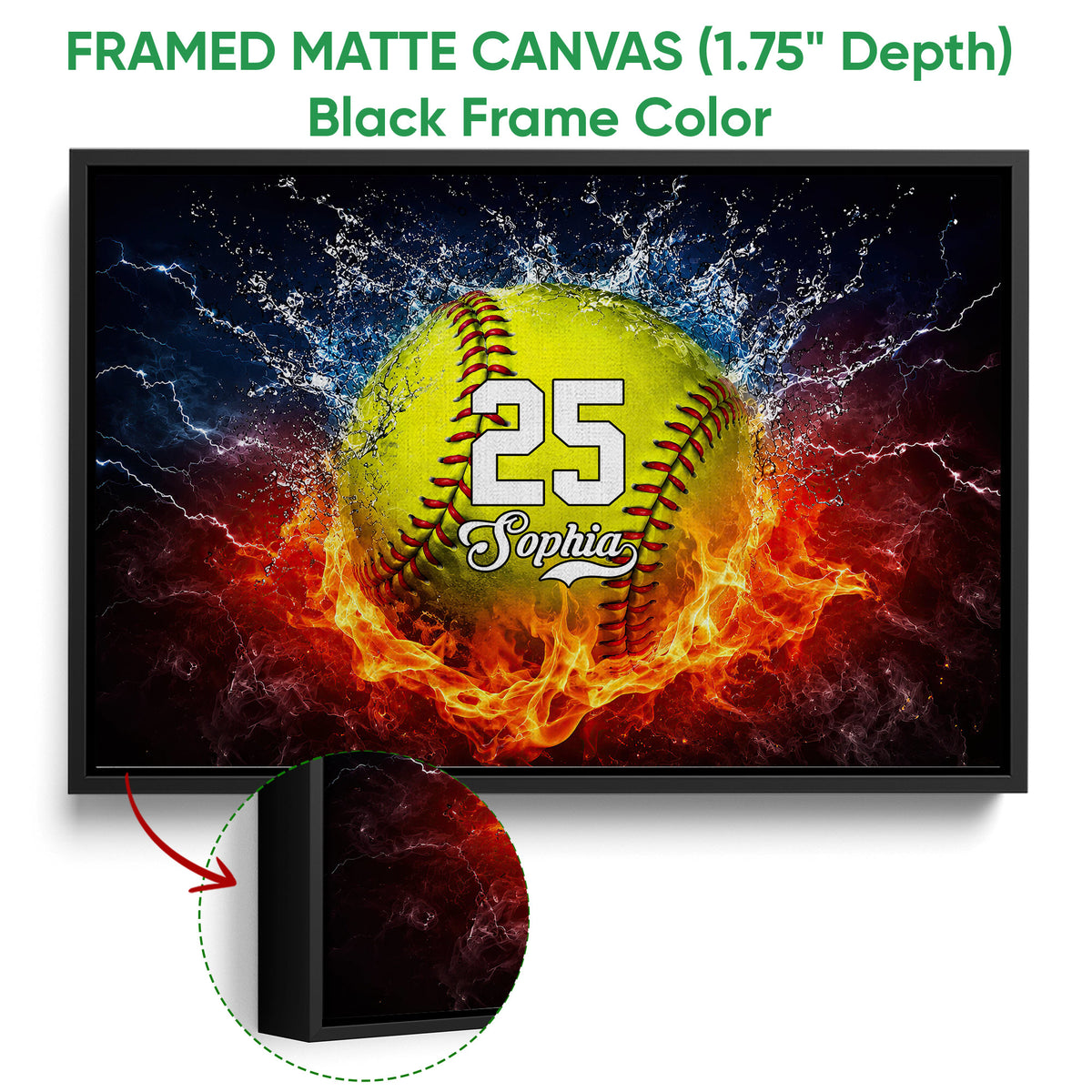 Black framed canvas softball wall art with a close-up view of the frame and vivid sports artwork