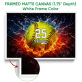 White framed canvas softball wall art showing the colorful ball design and frame detail