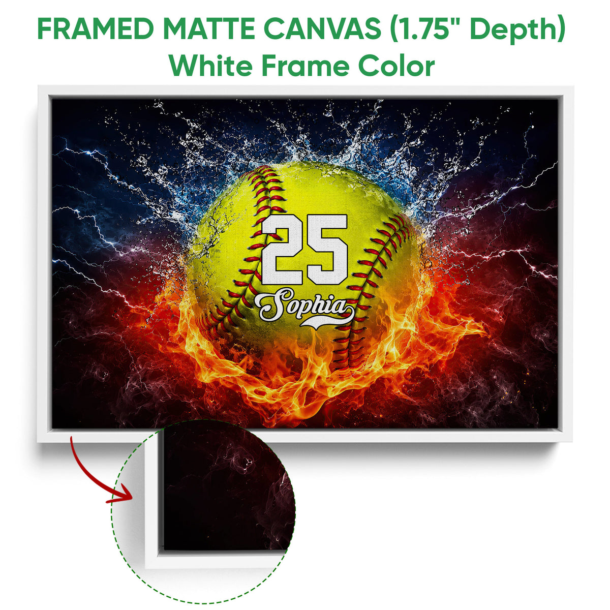 White framed canvas softball wall art showing the colorful ball design and frame detail