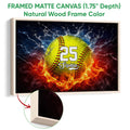 Natural wood framed canvas softball wall art with a close-up view of the frame construction