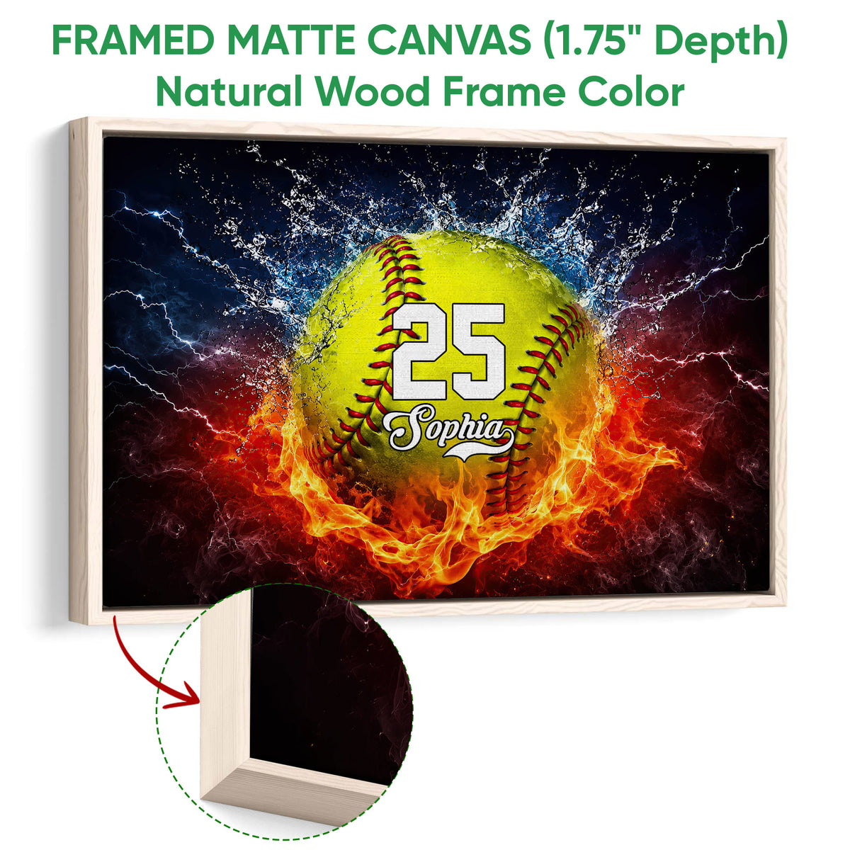 Natural wood framed canvas softball wall art with a close-up view of the frame construction