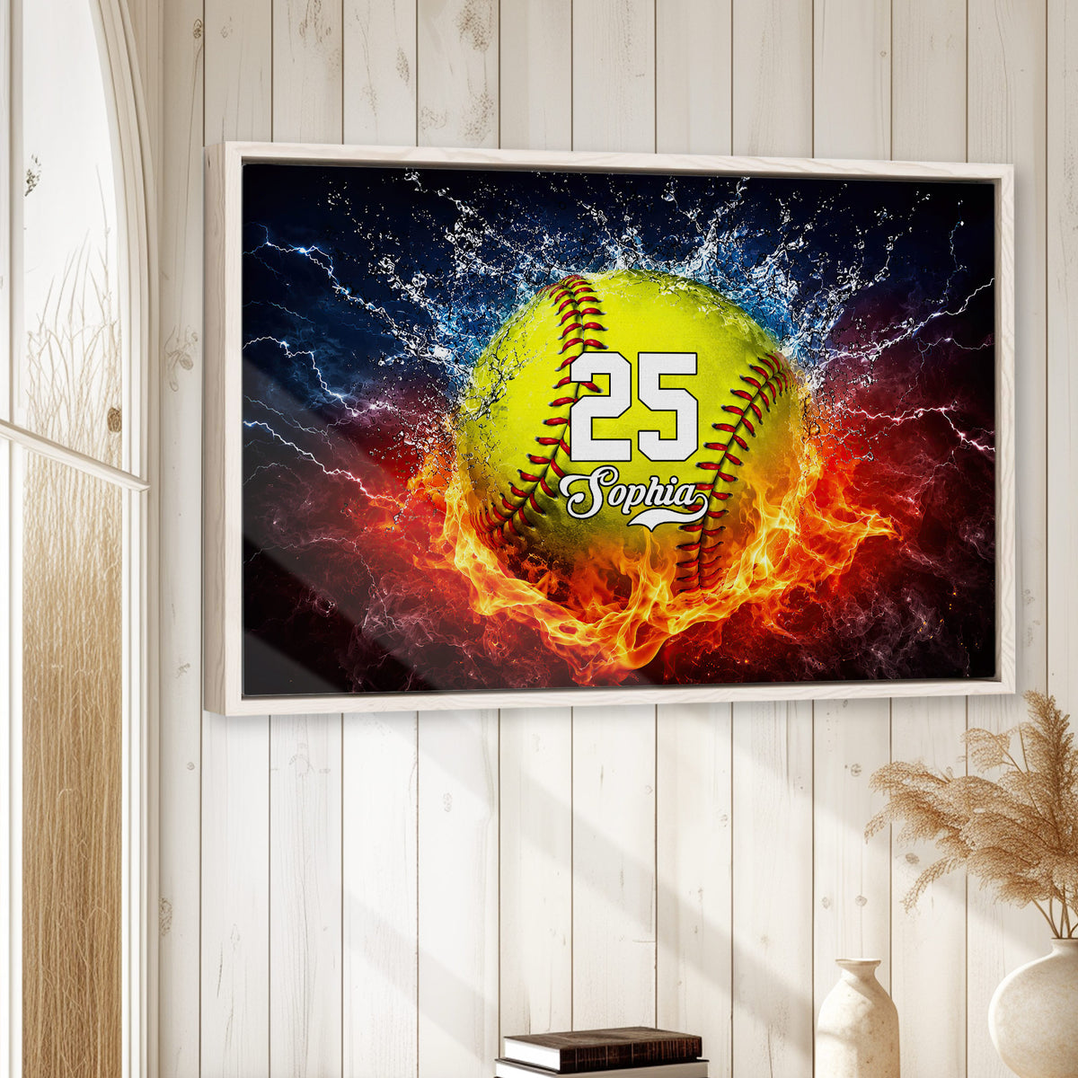 Softball wall art displayed in a bright home interior with white wood paneling and natural decor