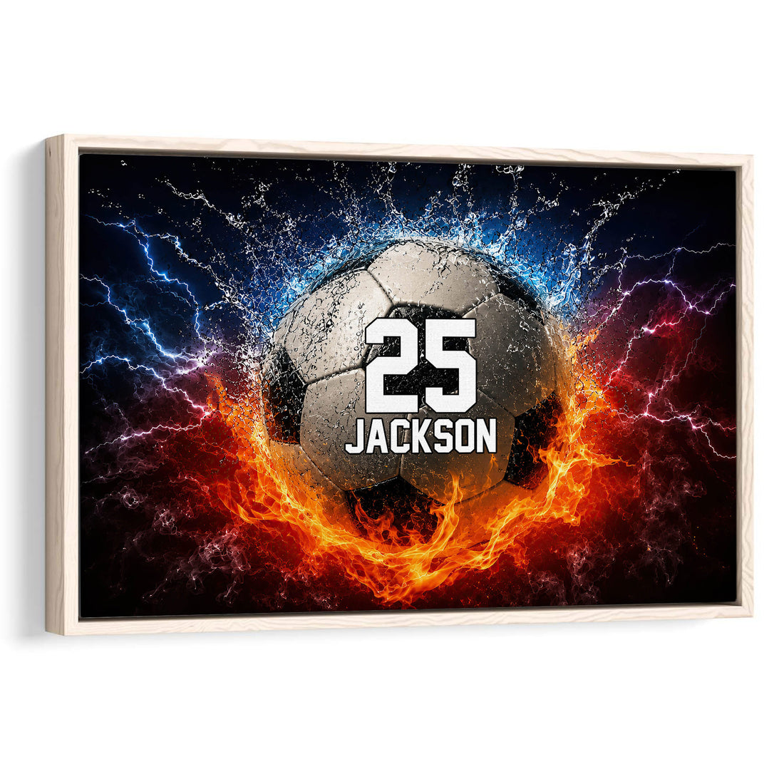 Framed soccer wall art featuring a ball surrounded by blue lightning and orange flames