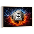 Framed soccer wall art featuring a ball surrounded by blue lightning and orange flames