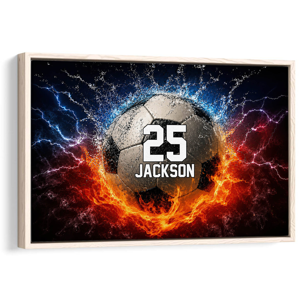 Framed soccer wall art featuring a ball surrounded by blue lightning and orange flames