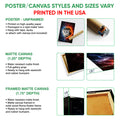 Soccer wall art format guide showing poster, matte canvas, and framed canvas options