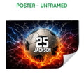 Unframed soccer poster featuring a dramatic ball with lightning, water, and flames