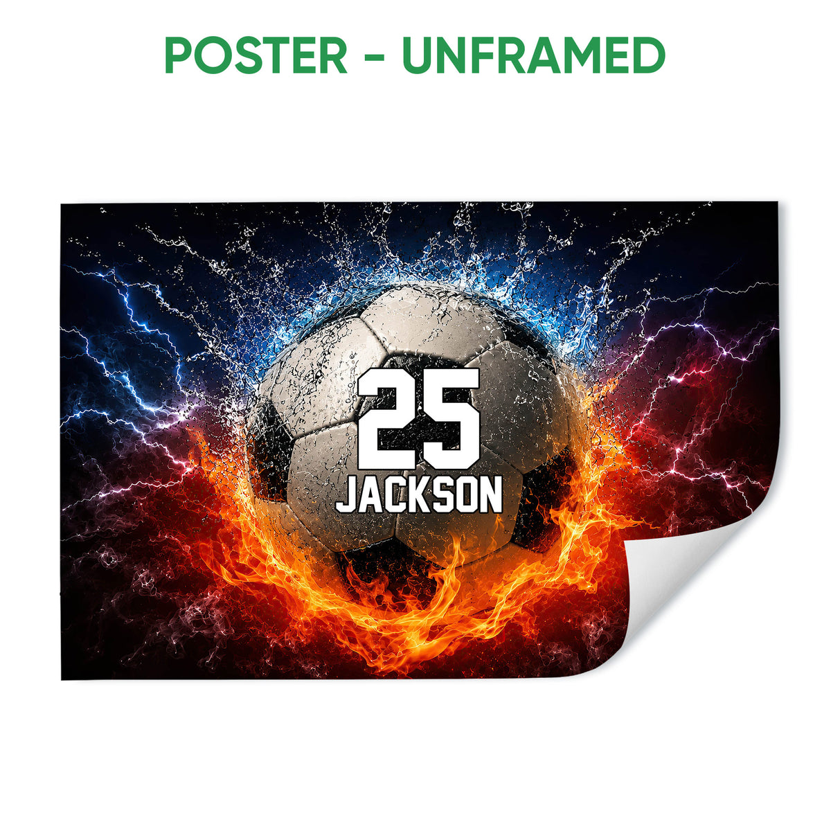 Unframed soccer poster featuring a dramatic ball with lightning, water, and flames