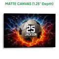 Matte canvas soccer wall art showing a ball surrounded by blue and orange effects