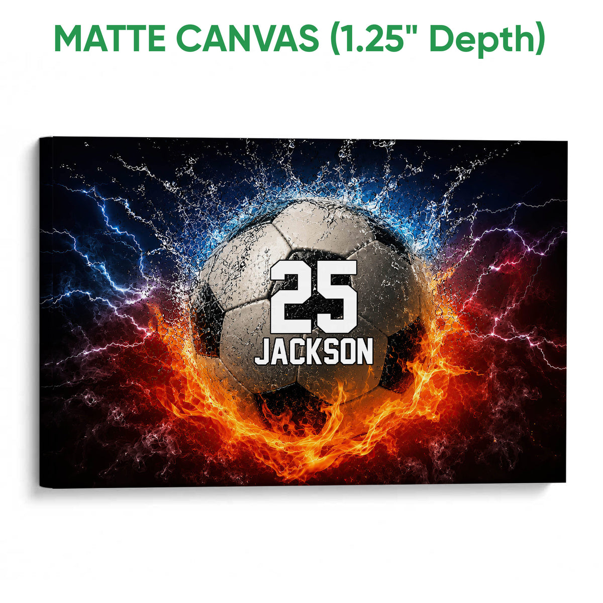 Matte canvas soccer wall art showing a ball surrounded by blue and orange effects