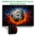 Black framed soccer canvas wall art with a lightning and fire sports design