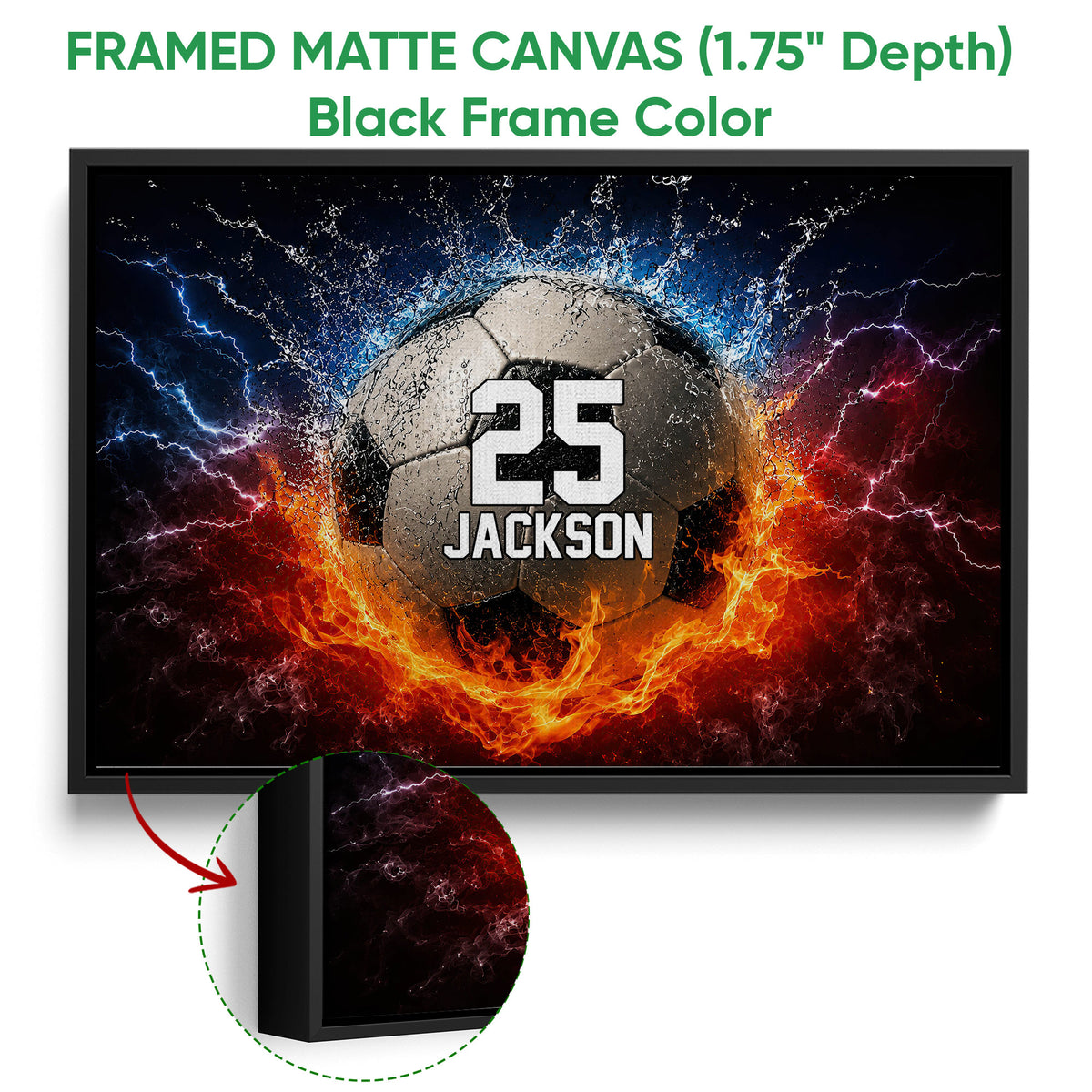 Black framed soccer canvas wall art with a lightning and fire sports design