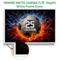 White framed soccer canvas wall art displaying a ball with vivid lightning and flames