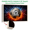 Natural wood framed soccer wall art featuring a ball, blue lightning, and fire