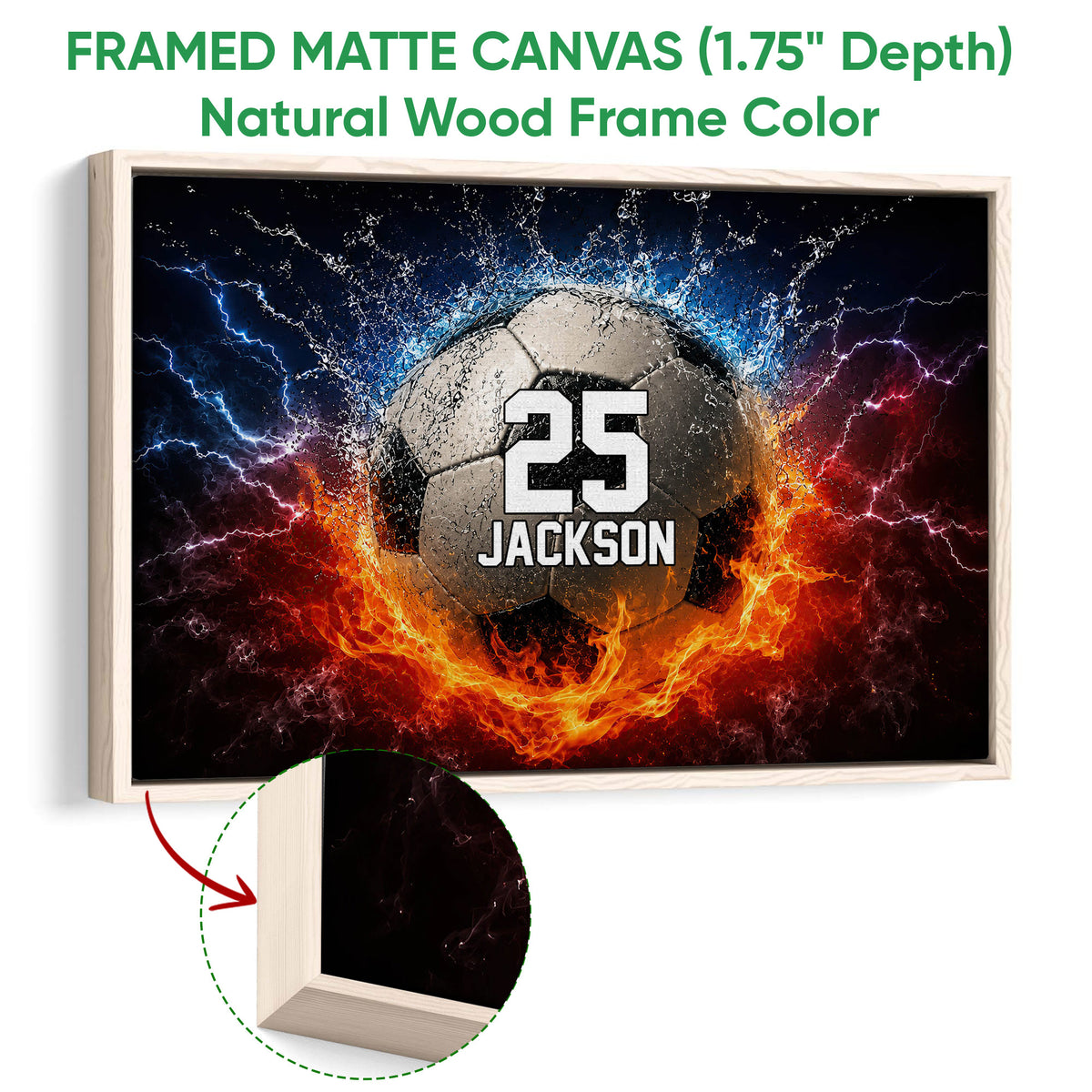 Natural wood framed soccer wall art featuring a ball, blue lightning, and fire