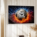 Soccer wall art displayed in a light wood frame against a bright paneled interior wall