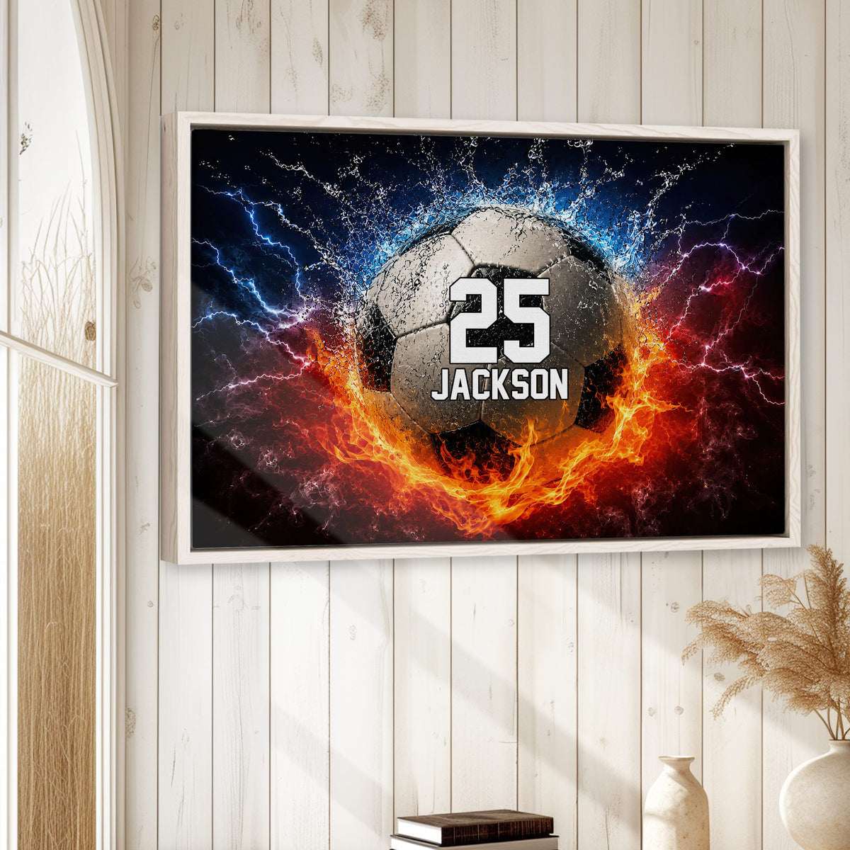 Soccer wall art displayed in a light wood frame against a bright paneled interior wall
