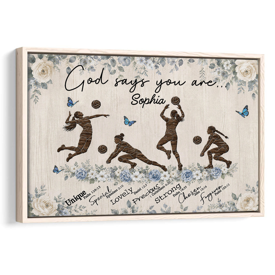 Framed volleyball wall art with players, volleyballs, blue flowers, butterflies, and an inspirational faith theme