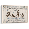 Framed volleyball wall art with players, volleyballs, blue flowers, butterflies, and an inspirational faith theme
