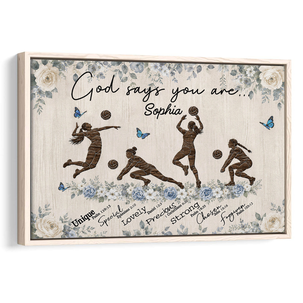 Framed volleyball wall art with players, volleyballs, blue flowers, butterflies, and an inspirational faith theme