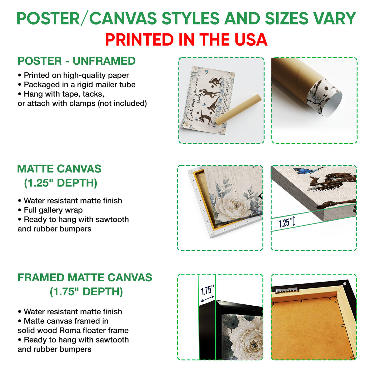 Poster and canvas wall art option guide showing unframed poster, matte canvas, and framed canvas formats