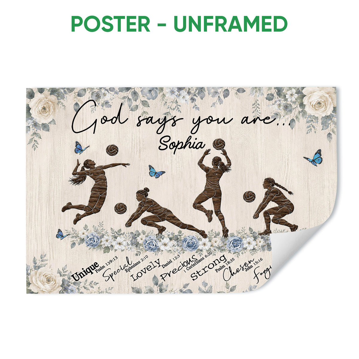 Unframed volleyball poster featuring female players, volleyballs, blue floral accents, and an inspirational message