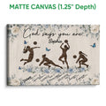 Matte canvas volleyball wall art with female players, volleyballs, floral details, and a light wood-style background