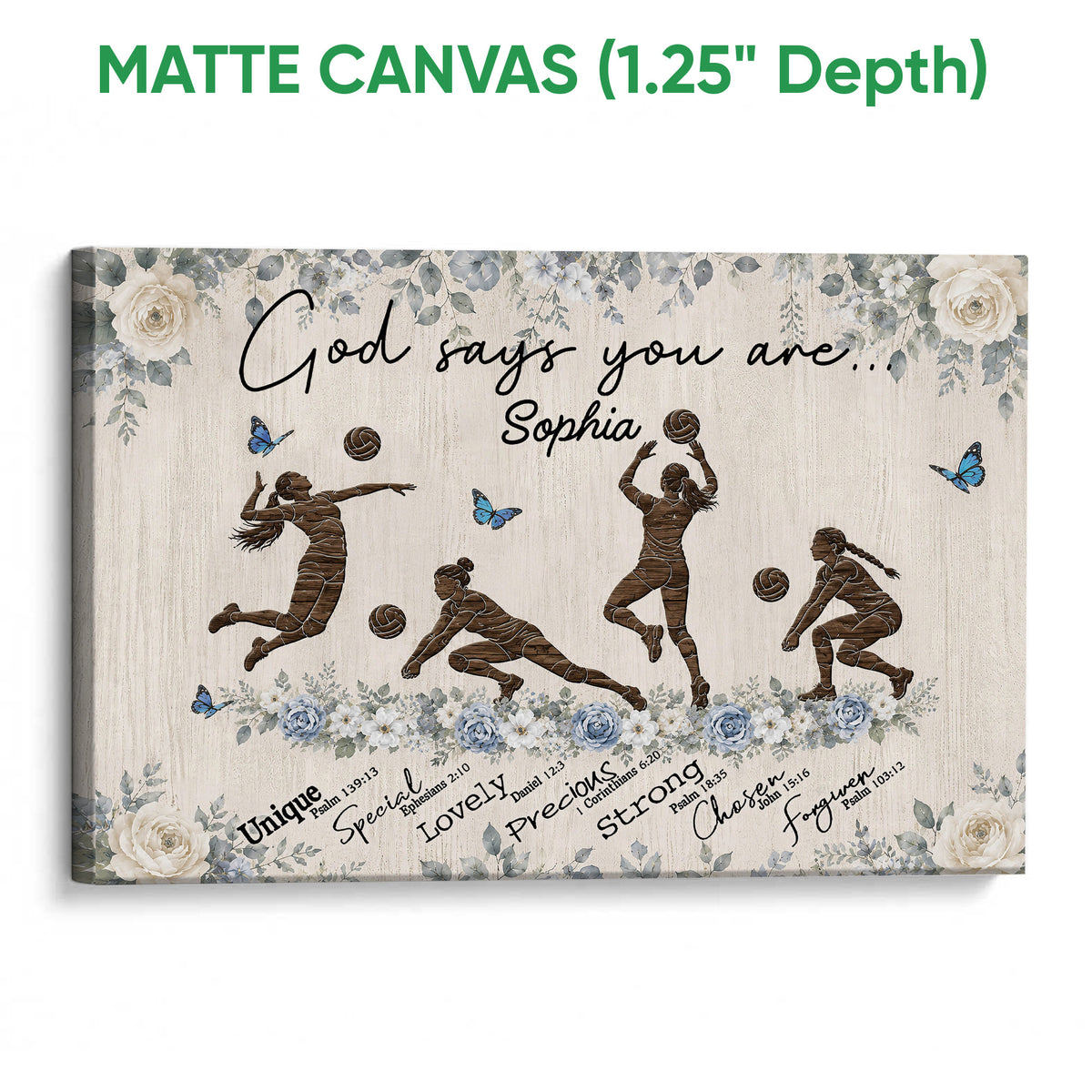 Matte canvas volleyball wall art with female players, volleyballs, floral details, and a light wood-style background