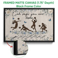Black framed volleyball canvas wall art with players, volleyballs, blue flowers, and an inspirational faith design
