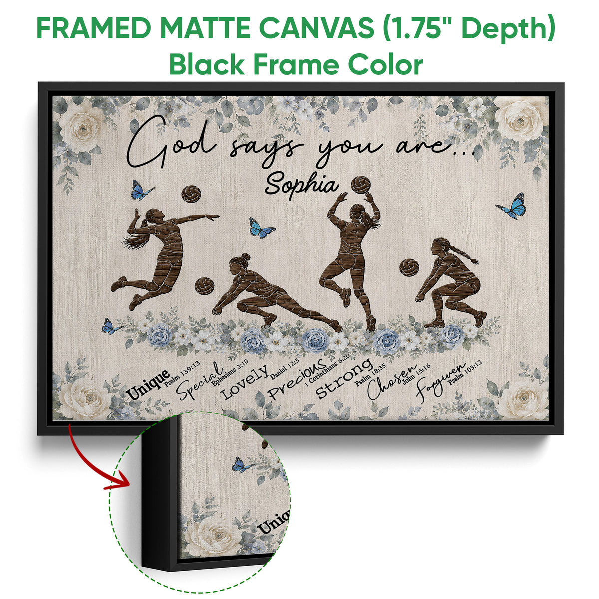 Black framed volleyball canvas wall art with players, volleyballs, blue flowers, and an inspirational faith design