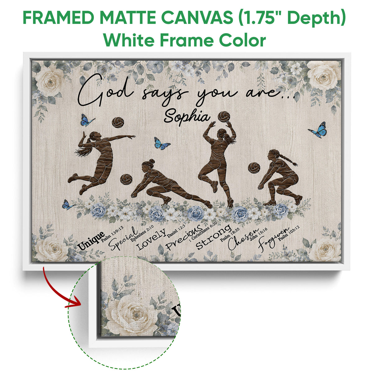 White framed volleyball canvas wall art featuring female players, volleyballs, butterflies, and soft floral accents