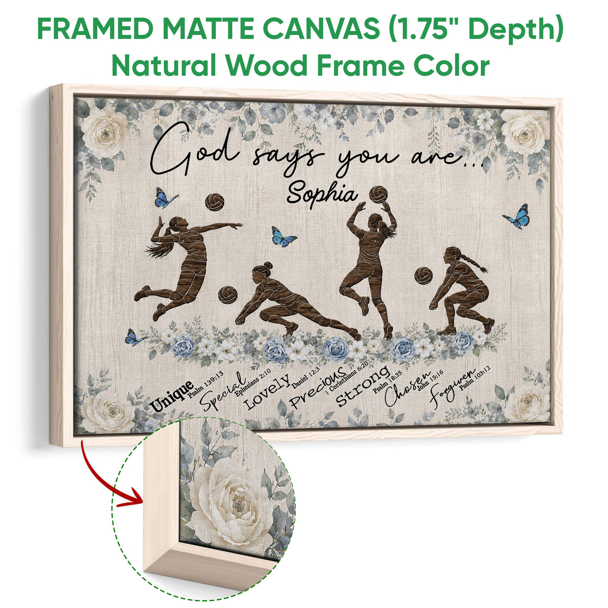 Natural wood framed volleyball canvas with female players, volleyballs, blue flowers, and a faith-inspired design