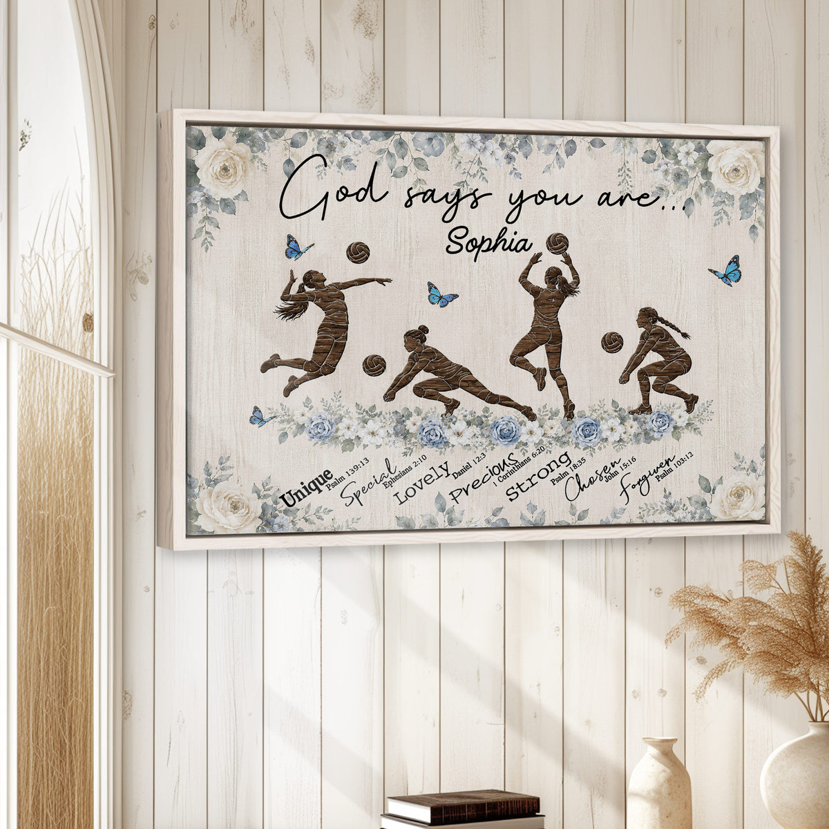Framed volleyball wall art displayed on a bright white wood-paneled wall in a calm home interior